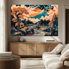 Japanese Landscape Wall Art Canvas Print, Mount Fuji with Flowing River and Autumn Trees