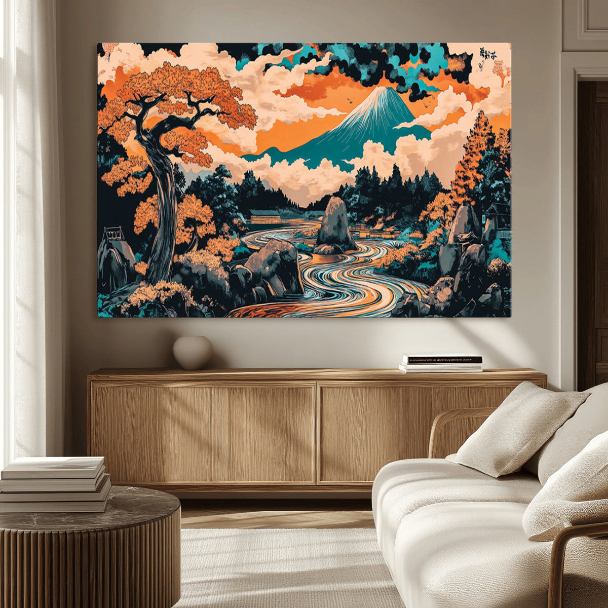 Japanese Landscape Wall Art Canvas Print, Mount Fuji with Flowing River and Autumn Trees