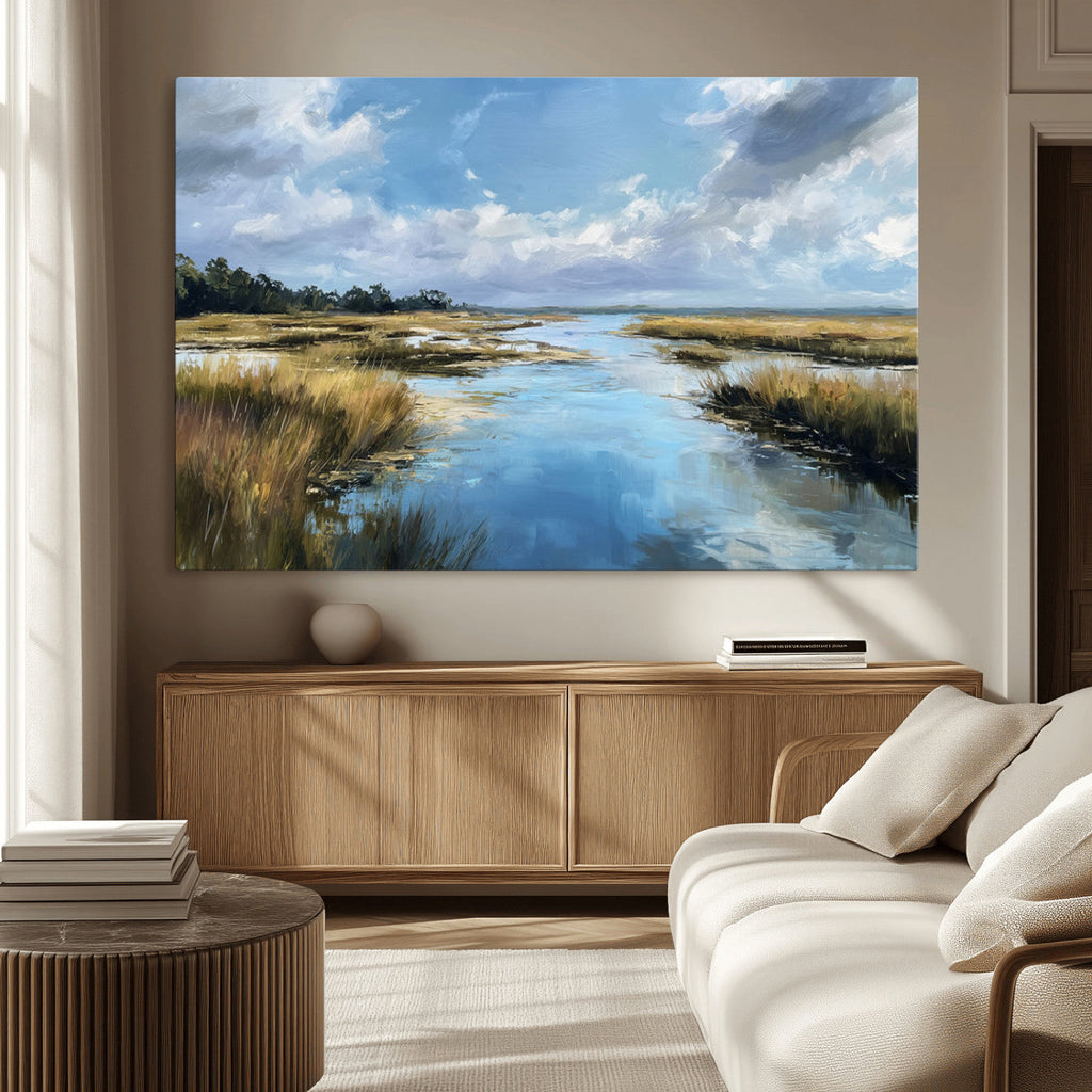 Marshland Wall Art Canvas Print, Serene Water Reflection with Blue Sky and Golden Grass