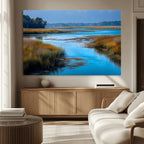 Tranquil Marshland Wall Art Canvas Print, Blue Water Reflecting Sky and Golden Grasses
