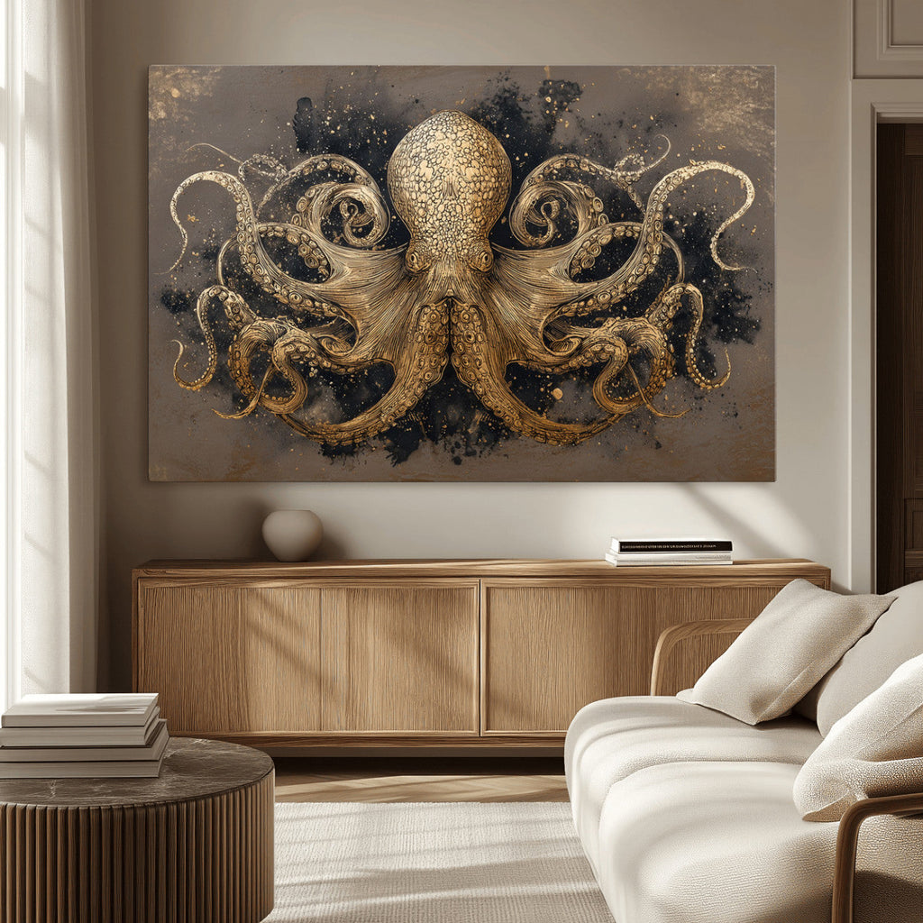 Octopus Wall Art Canvas Print, Black and Gold Detailed Tentacles Nautical Illustration
