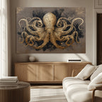 Octopus Wall Art Canvas Print, Black and Gold Detailed Tentacles Nautical Illustration