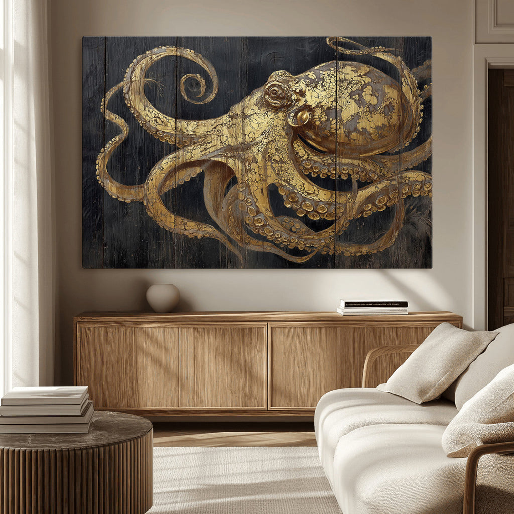 Octopus Wall Art Canvas Print, Gold Detail Octopus on Wooden Plank Background