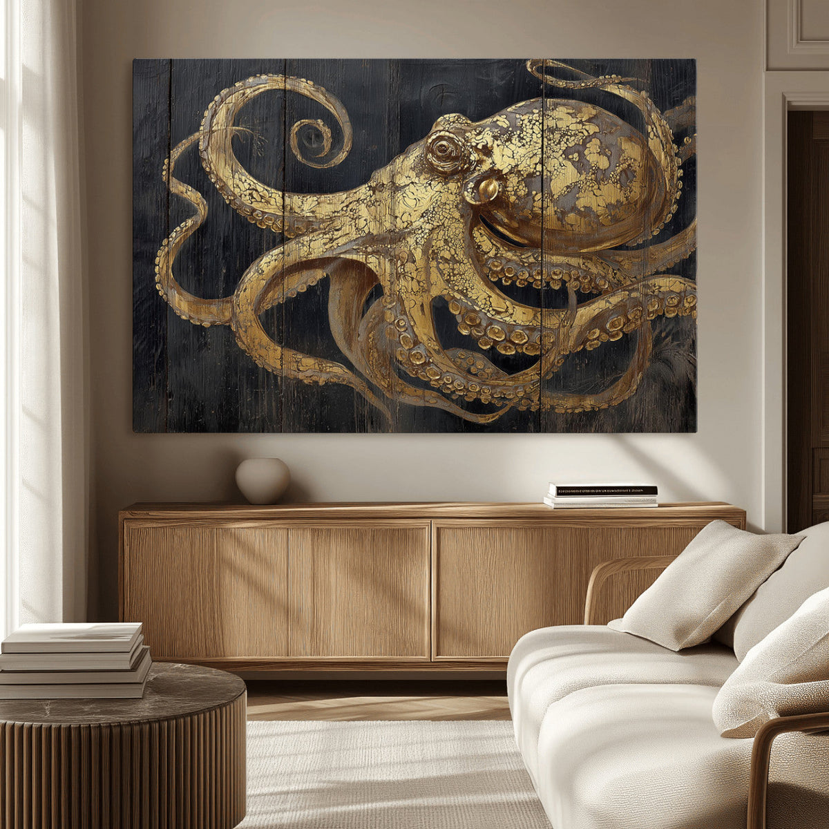 Octopus Wall Art Canvas Print, Gold Detail Octopus on Wooden Plank Background