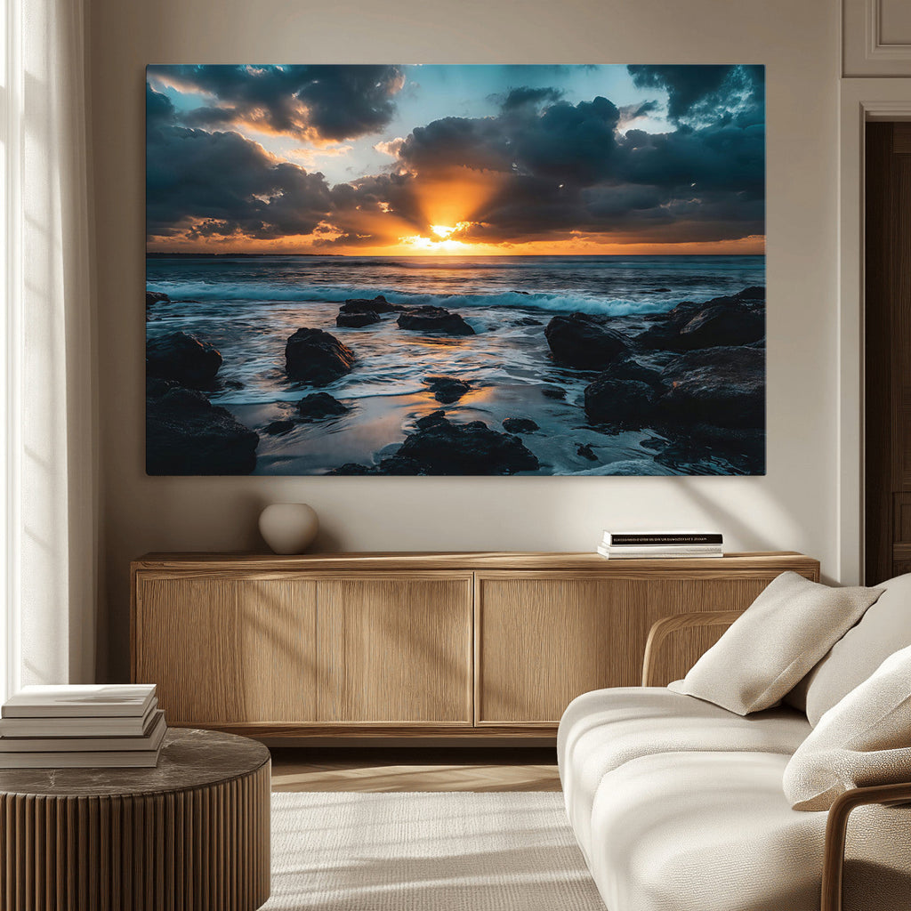 Ocean Sunset Wall Art Canvas Print, Rocky Shore Waves and Golden Sun Rays