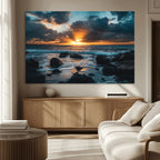 Ocean Sunset Wall Art Canvas Print, Rocky Shore Waves and Golden Sun Rays