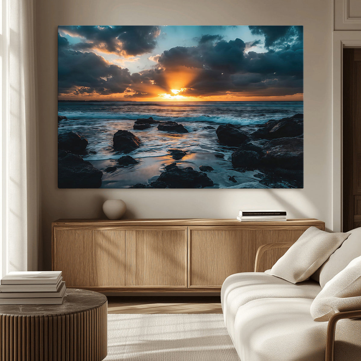 Ocean Sunset Wall Art Canvas Print, Rocky Shore Waves and Golden Sun Rays