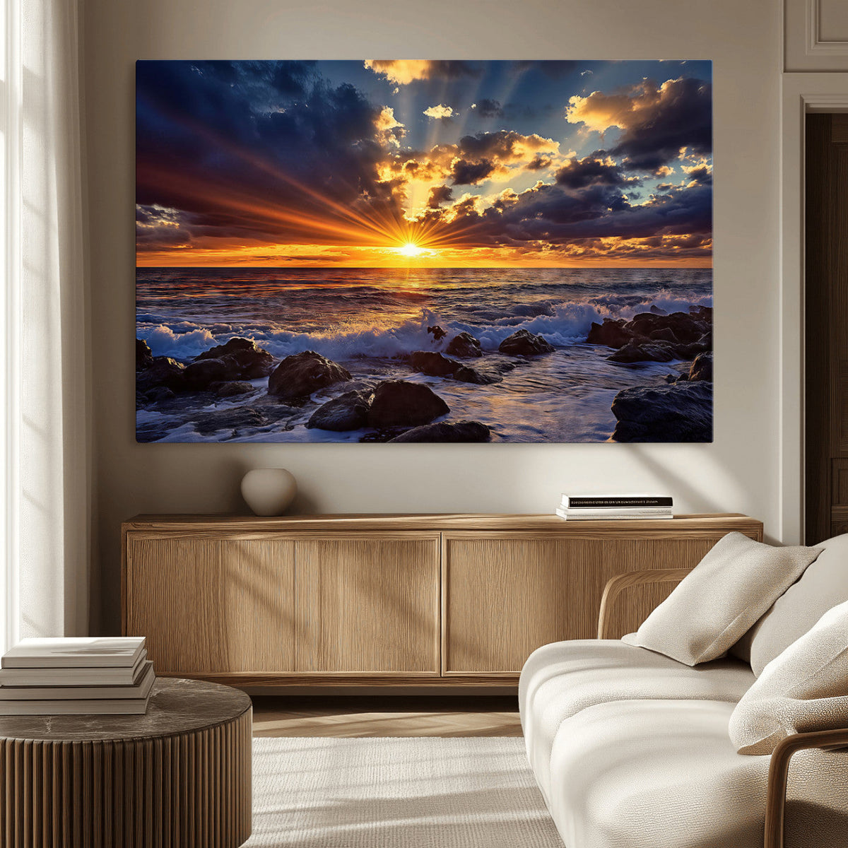 Sunset Ocean Wall Art Canvas Print, Waves on a Rocky Shore Under Dramatic Sky