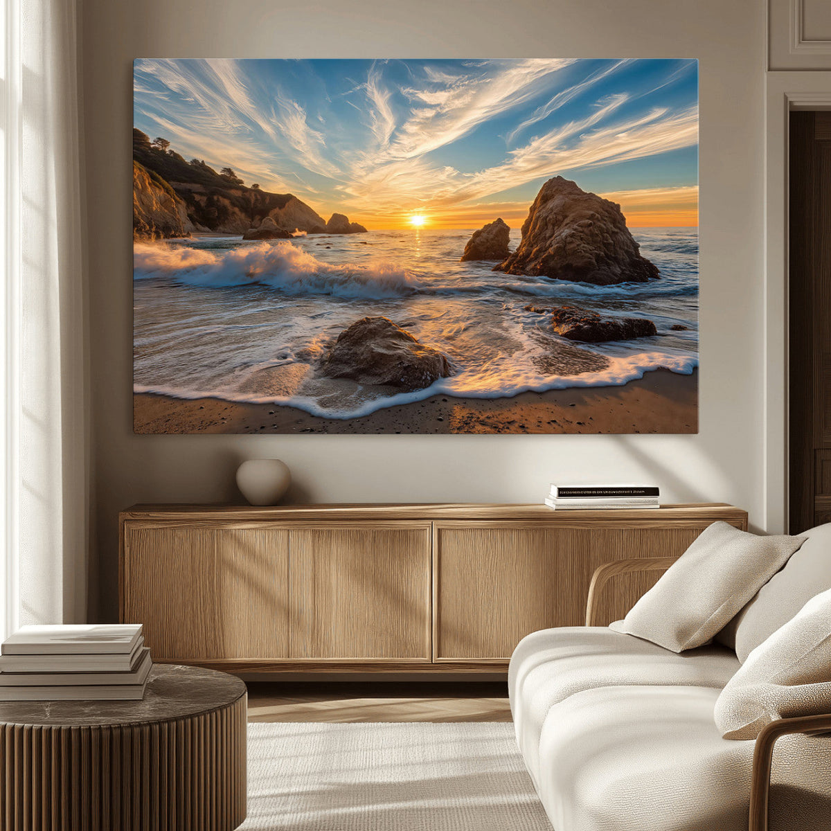 Rocky Ocean Sunset Wall Art Print, Seaside Canvas with Dramatic Seascape