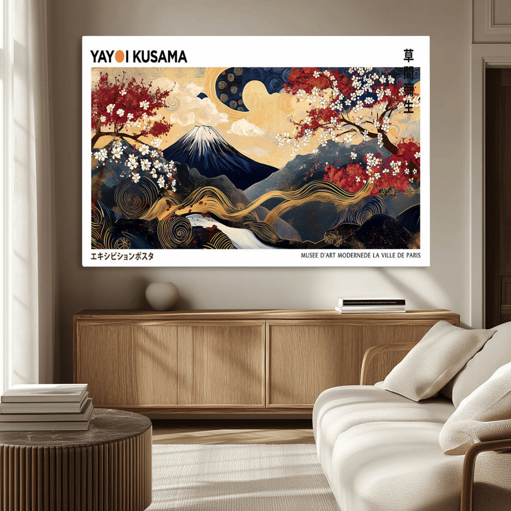 Yayoi Kusama Inspired Japanese Art Canvas Print, Floral Mt. Fuji Modern Asian Wall Decor
