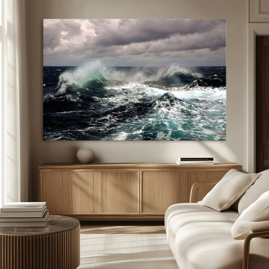 Stormy Ocean Waves Canvas Wall Art, Framed Turbulent Sea Nature Print