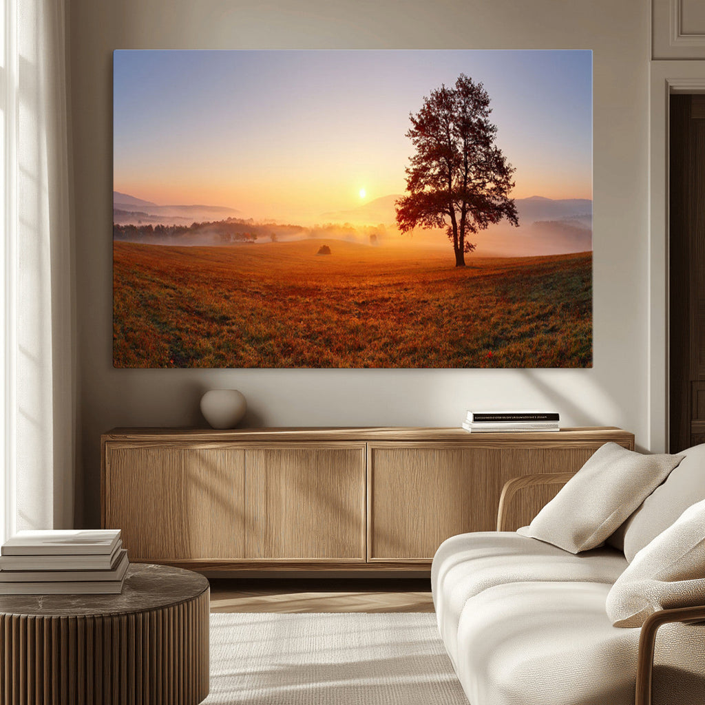 Golden Sunrise Landscape Canvas Wall Art, Framed Misty Field Nature Print