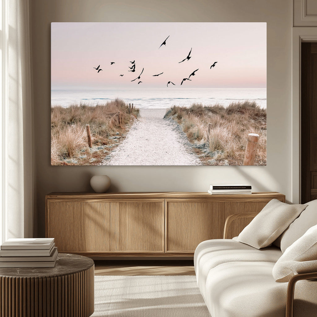 Coastal Pathway Canvas Wall Art Print, Framed Seaside Landscape with Beach and Birds