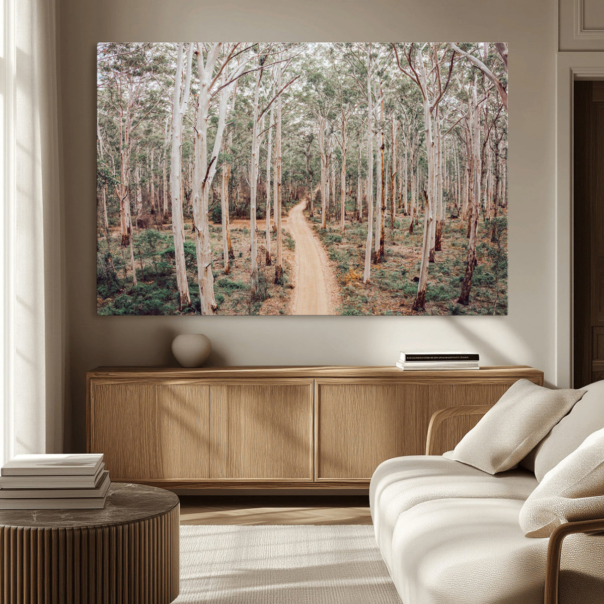 Forest Dirt Road Wall Art Canvas Print, Scenic Woodland Pathway with Tall Trees