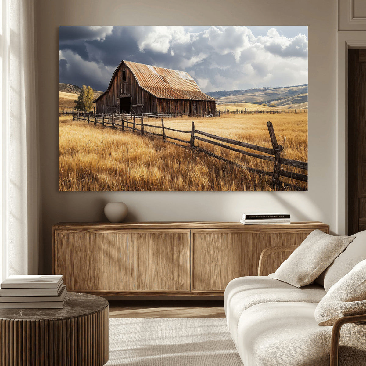 Golden Wheat Field Barn Canvas Print, Rustic Farm Landscape Under Dramatic Sky