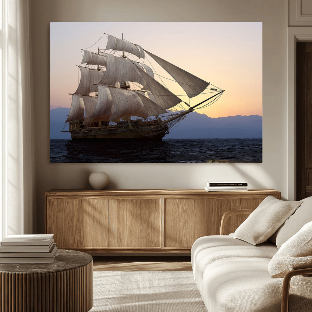 Majestic Sailing Ship Wall Art Canvas Print, Sunset Ocean Voyage with Tall Ship