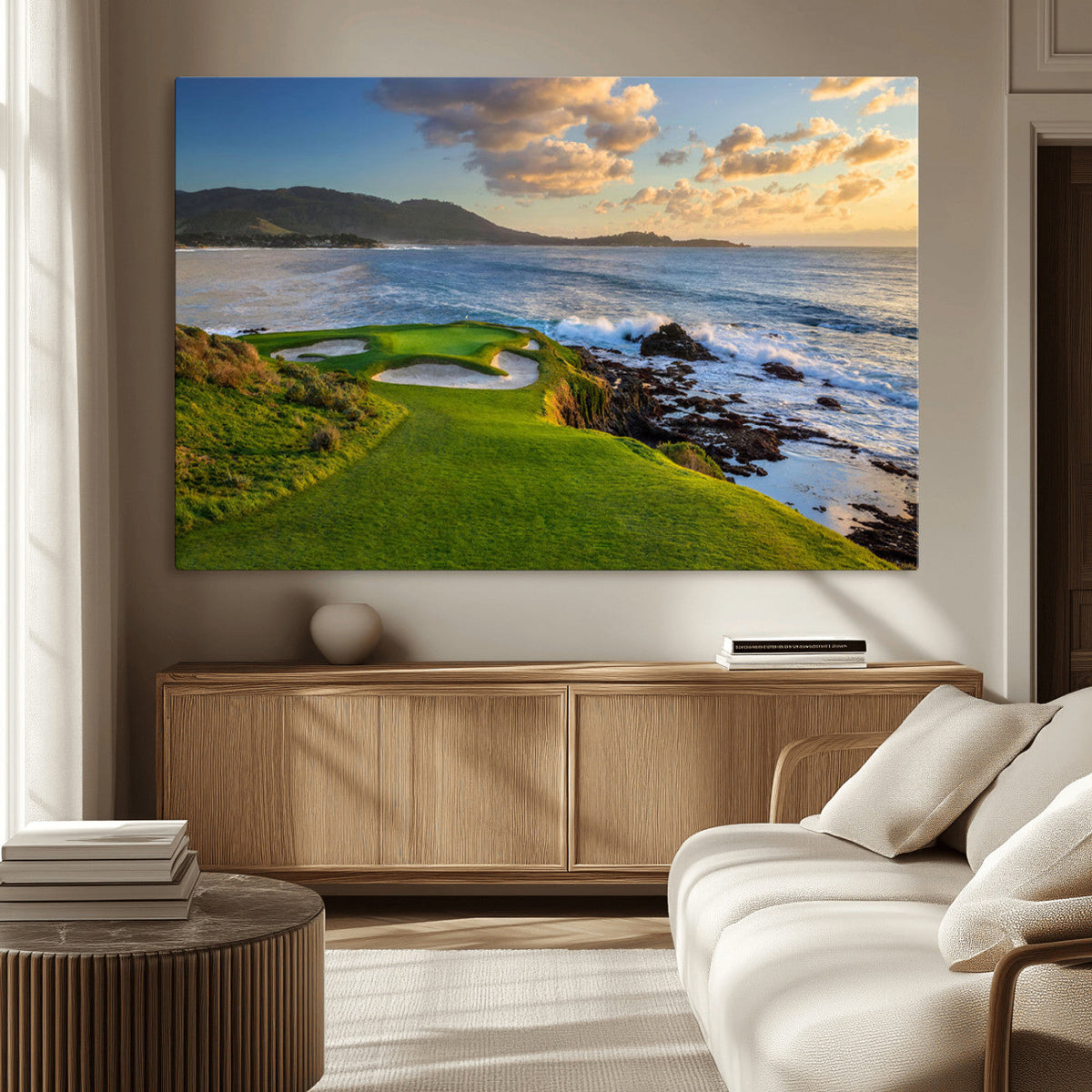 Coastal Golf Course Wall Art Canvas Print, Sunset with Rolling Green Fairways and Ocean Waves