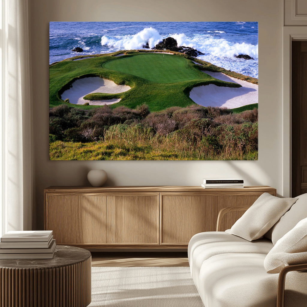 Ocean Cliff Golf Course Wall Art Canvas Print, Waves Crashing, Coastal Golf Landscape