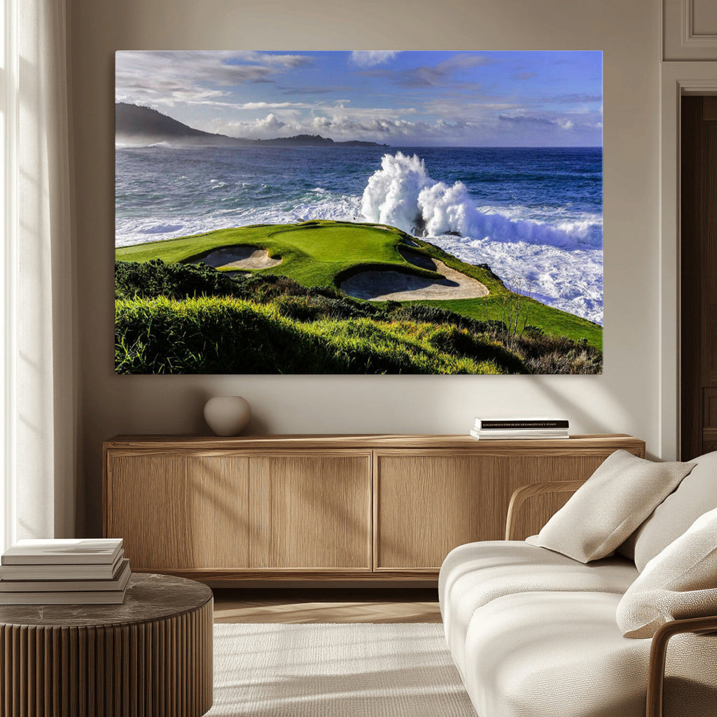 Ocean Waves Crashing Wall Art Canvas Print, Dramatic Rocky Coastline Near a Golf Course