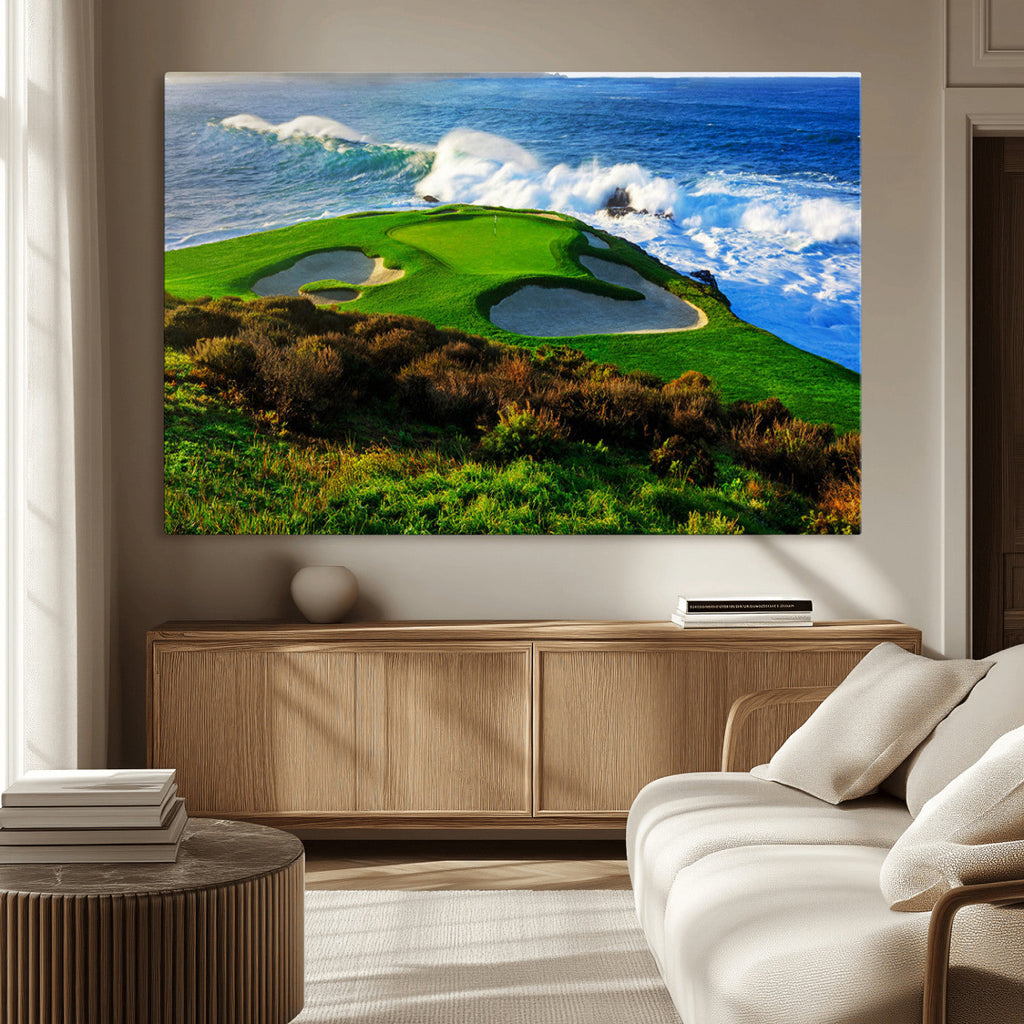 Coastal Golf Course Wall Art Canvas Print, Vibrant Green with Sand Bunkers and Ocean Waves