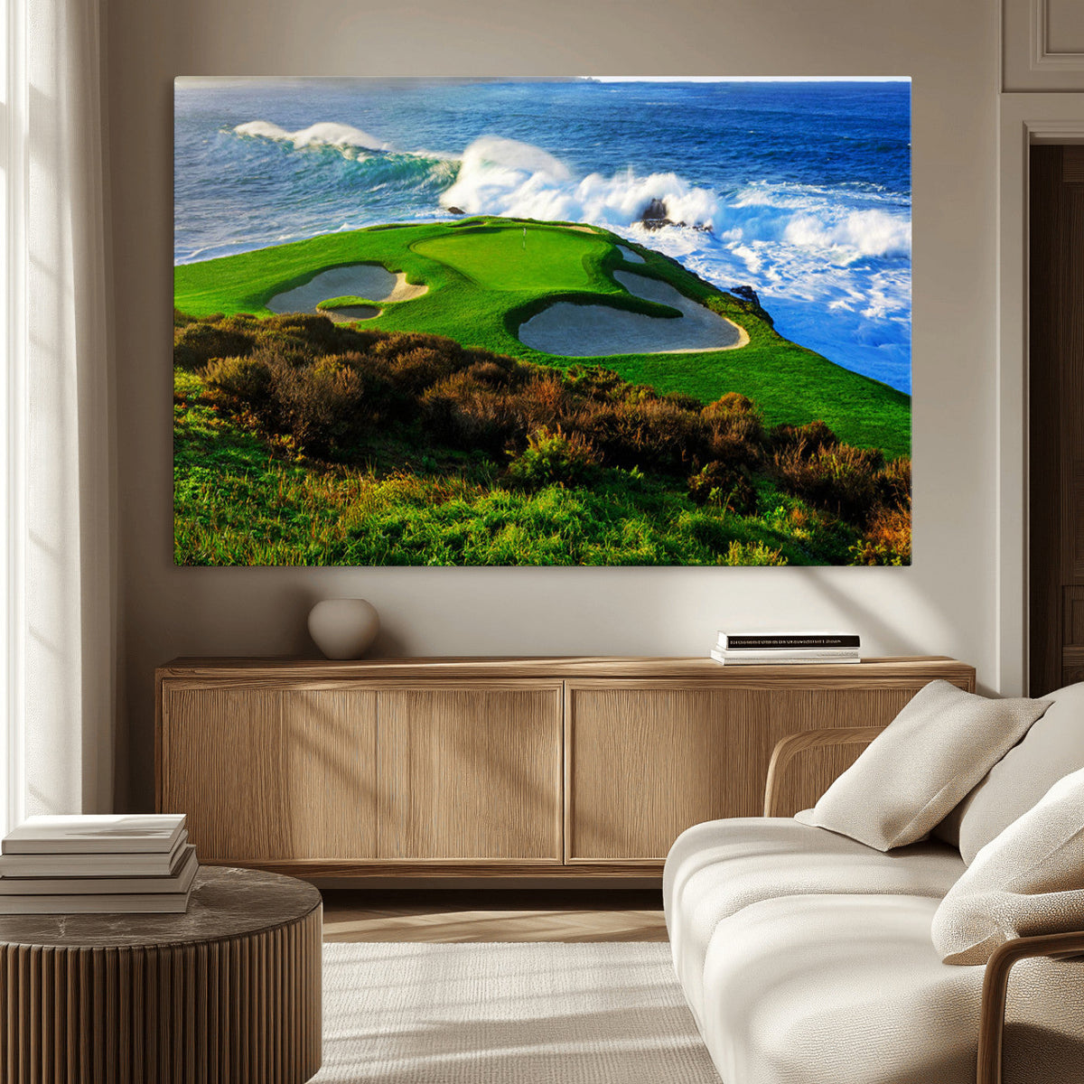 Coastal Golf Course Wall Art Canvas Print, Vibrant Green with Sand Bunkers and Ocean Waves