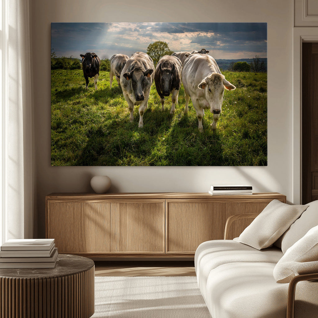 Grazing Cattle Herd Wall Art Canvas Print, Framed Green Pasture Farm Scene