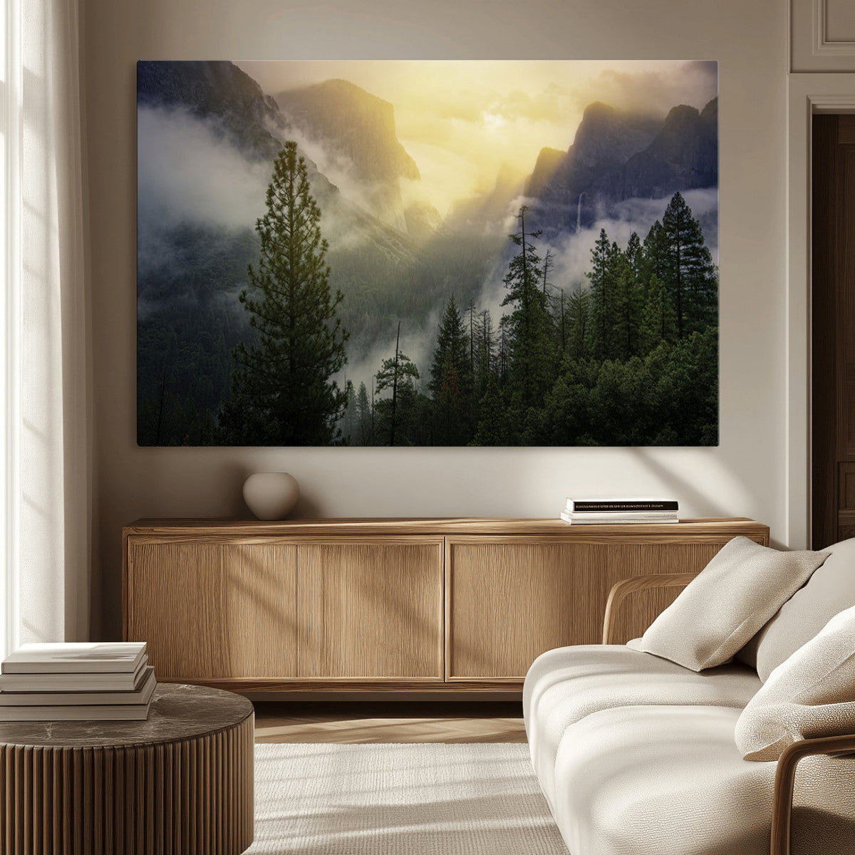 Misty Forest Sunrise Wall Art Canvas Print, Framed Mountain Valley Pine Trees