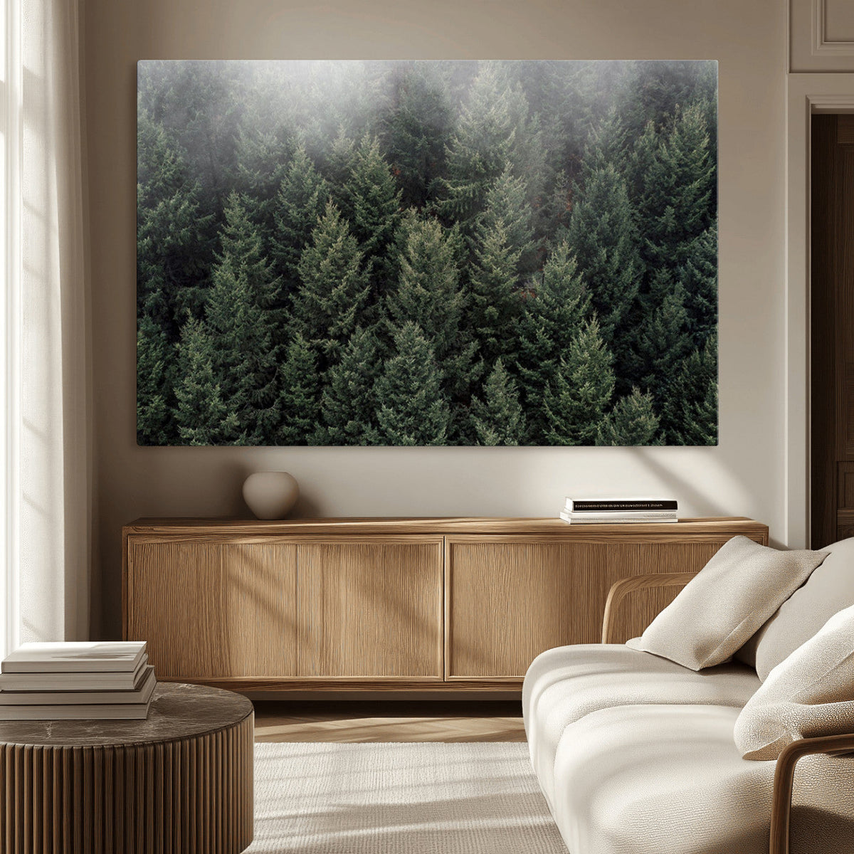 Misty Pine Forest Wall Art Canvas Print, Lush Green Trees Surrounded by Gentle Fog