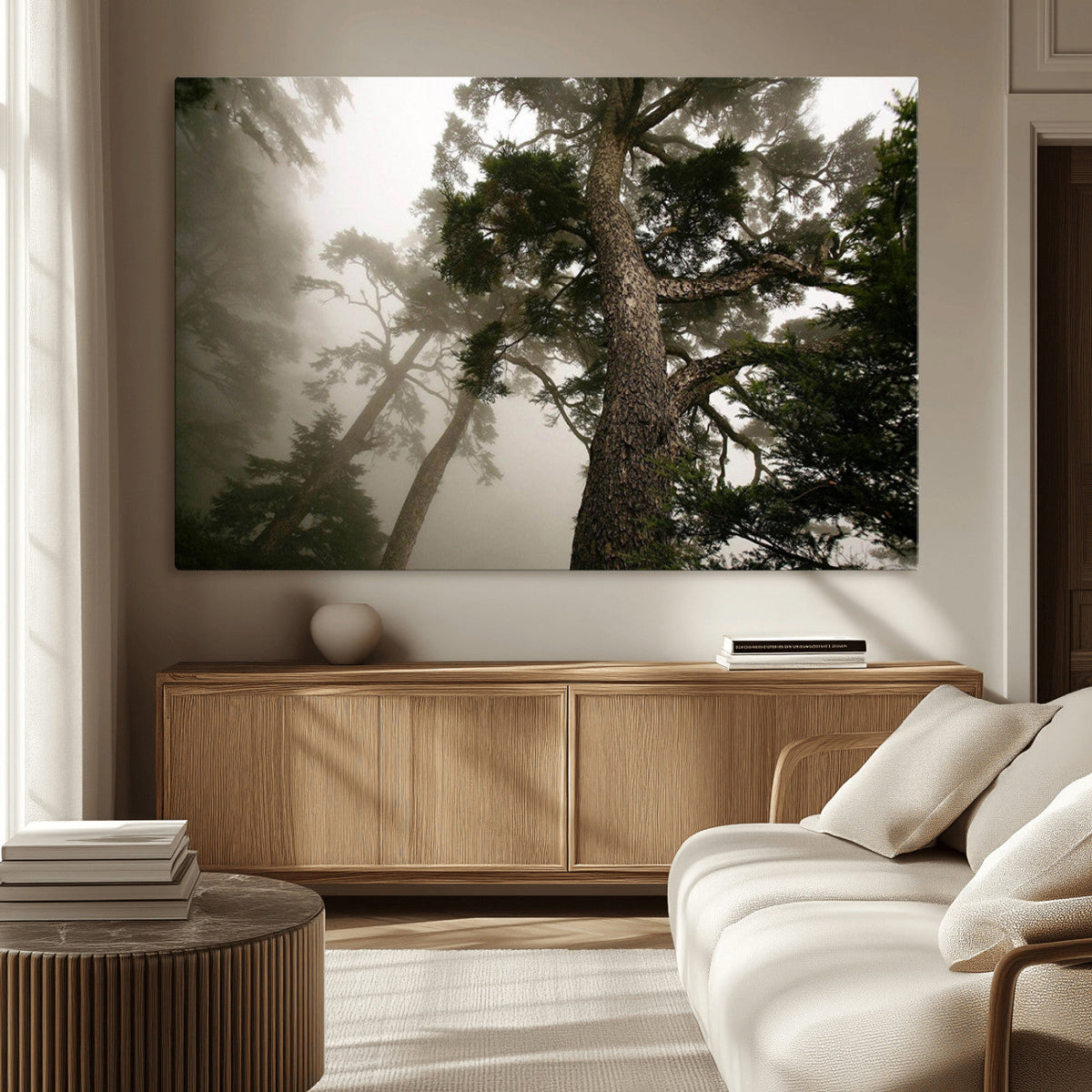 Misty Forest Wall Art Canvas Print, Framed Tall Trees in Foggy Atmosphere