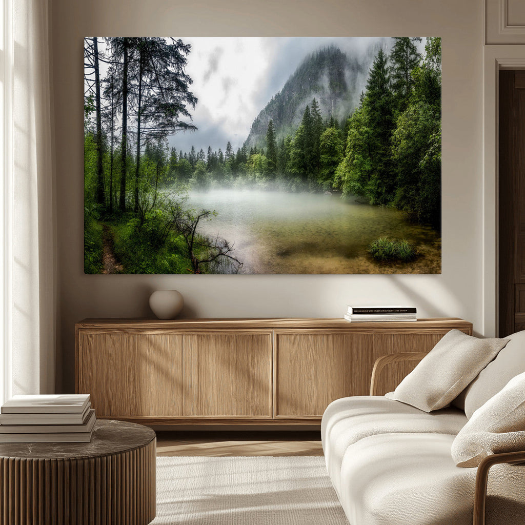 Misty Lake Forest Wall Art, Green Trees and Calm Water Reflection, Mountain Fog Landscape Canvas
