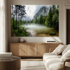 Misty Lake Forest Wall Art, Green Trees and Calm Water Reflection, Mountain Fog Landscape Canvas