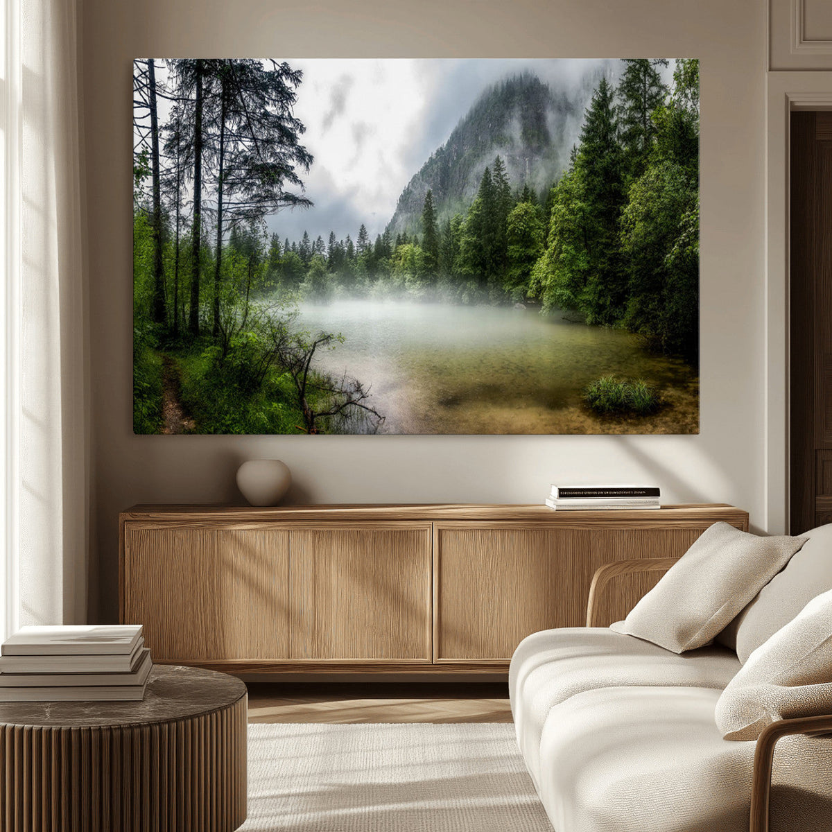 Misty Lake Forest Wall Art, Green Trees and Calm Water Reflection, Mountain Fog Landscape Canvas