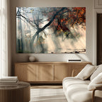 Sunlit Autumn Forest Wall Art, Misty Trees with Sun Rays, Peaceful Fall Landscape Canvas Print