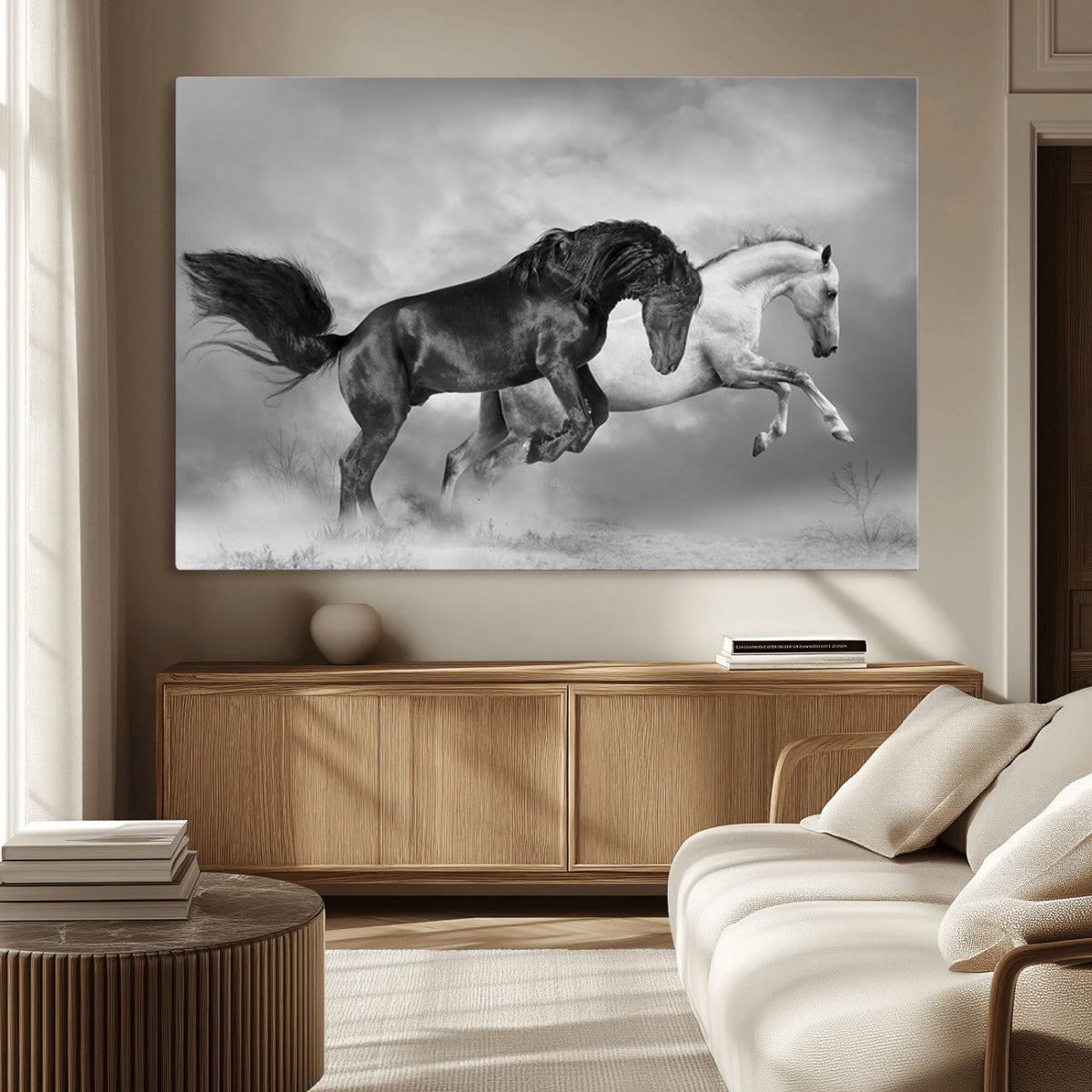 Wild Horses Wall Art Canvas Print, Framed Black and White Galloping Horses
