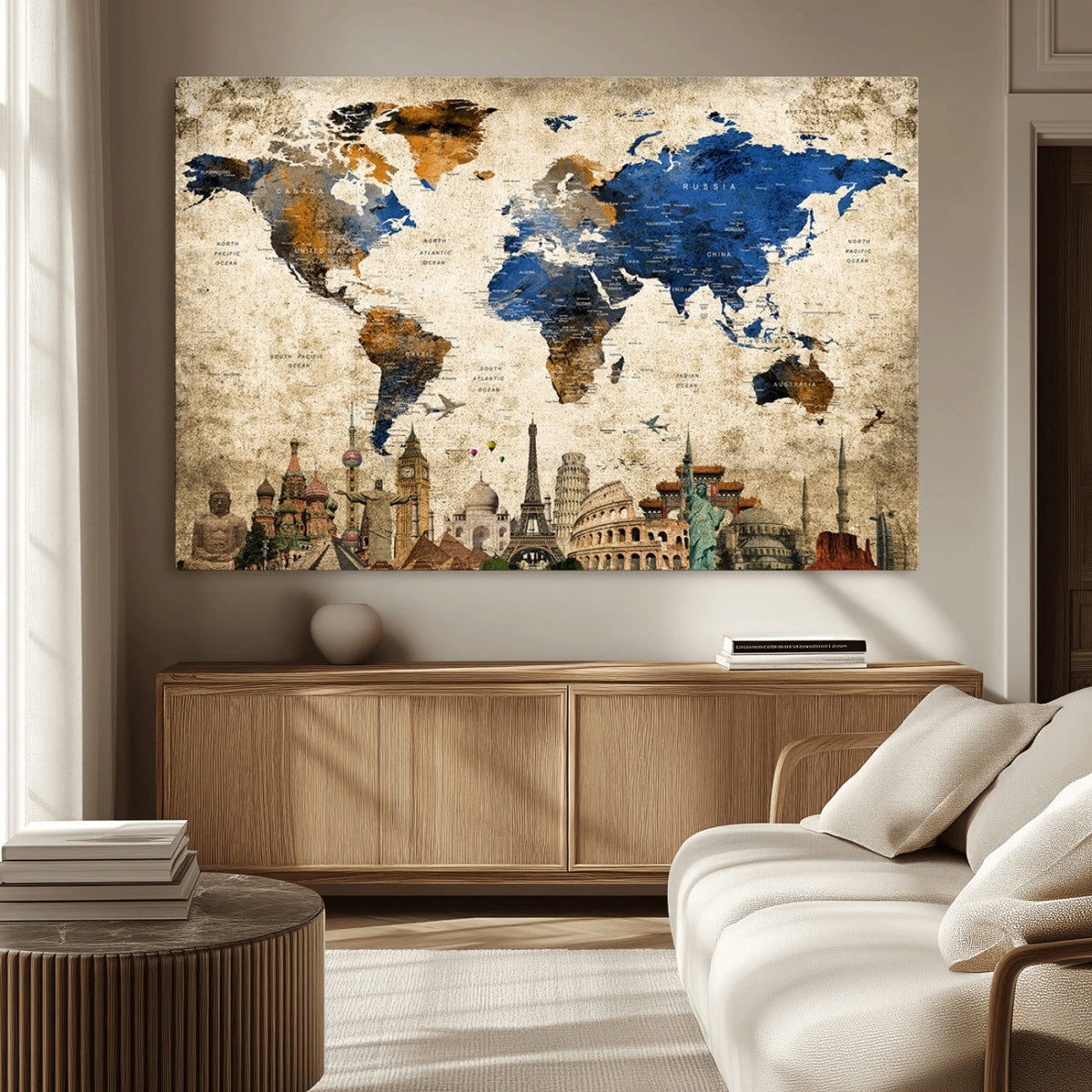 World Map Canvas Print | Vintage Blue and Gold World Map Wall Art
