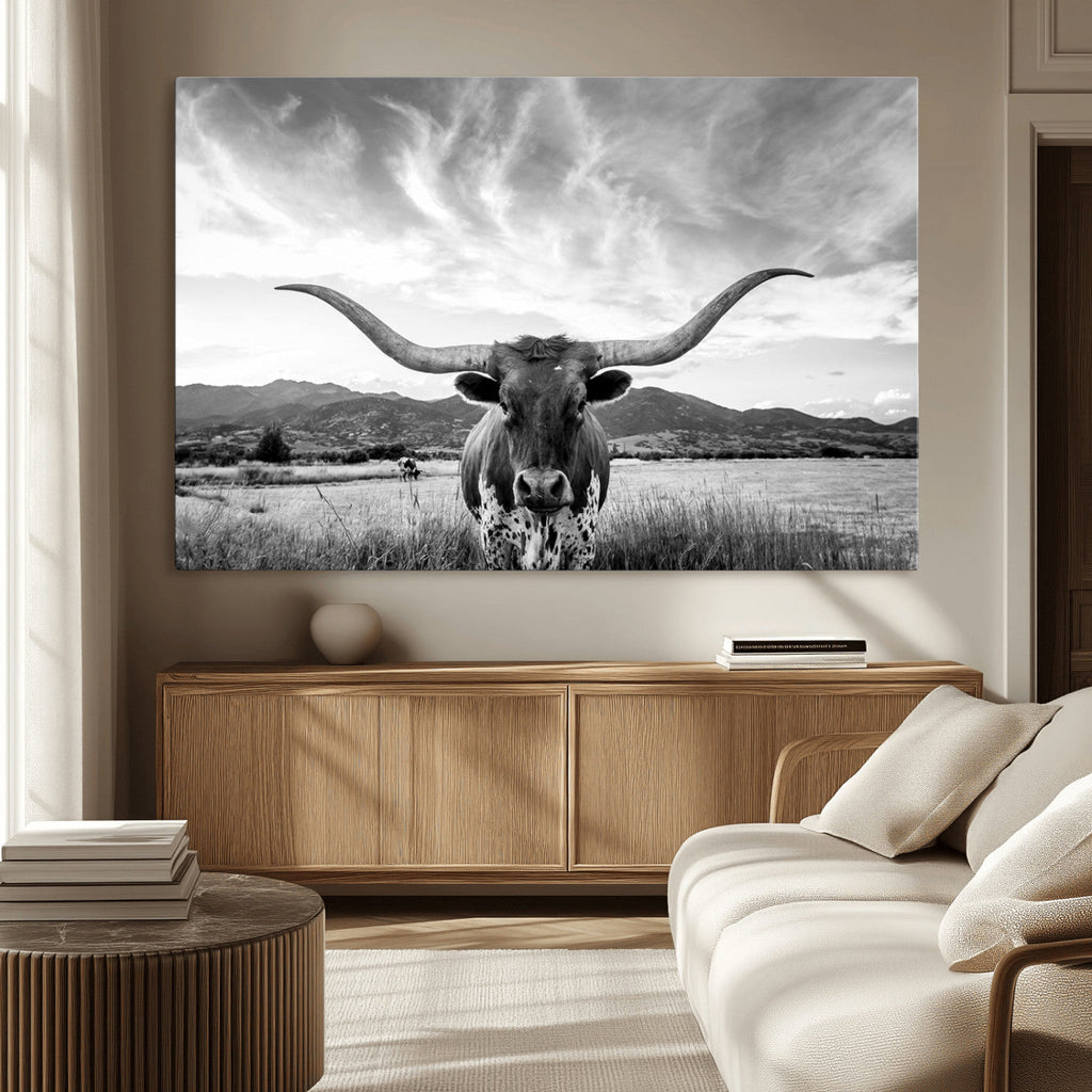 Longhorn Black and White Wall Art | Rustic Western Bull Canvas Print