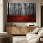 Red Forest Floor Canvas Wall Art | Mystical Foggy Woodland Triptych