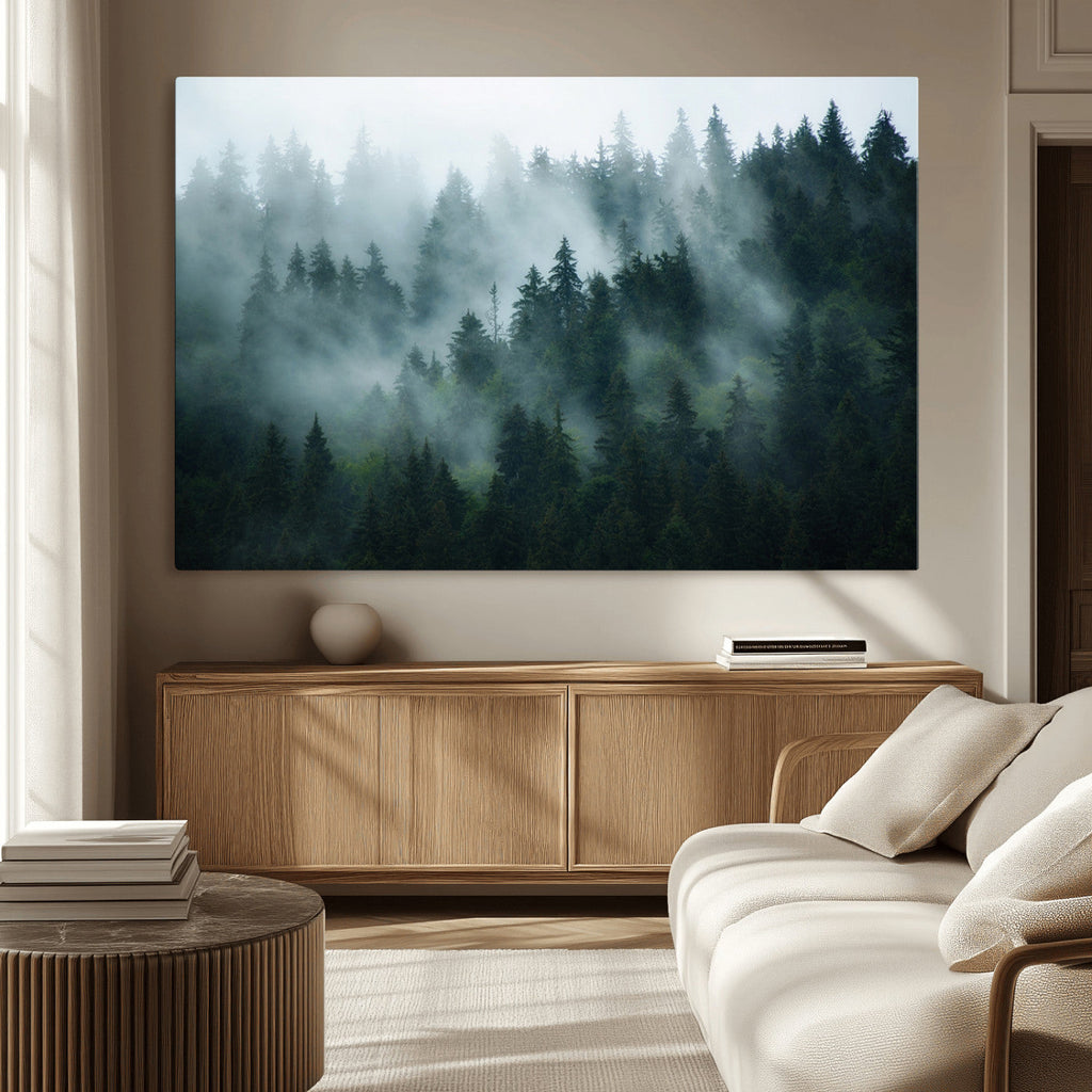 Misty Forest Wall Art | Serene Green Landscape Canvas Print