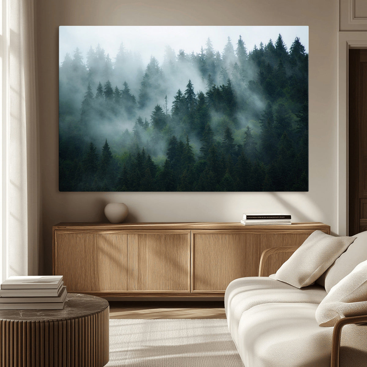 Misty Forest Wall Art | Serene Green Landscape Canvas Print