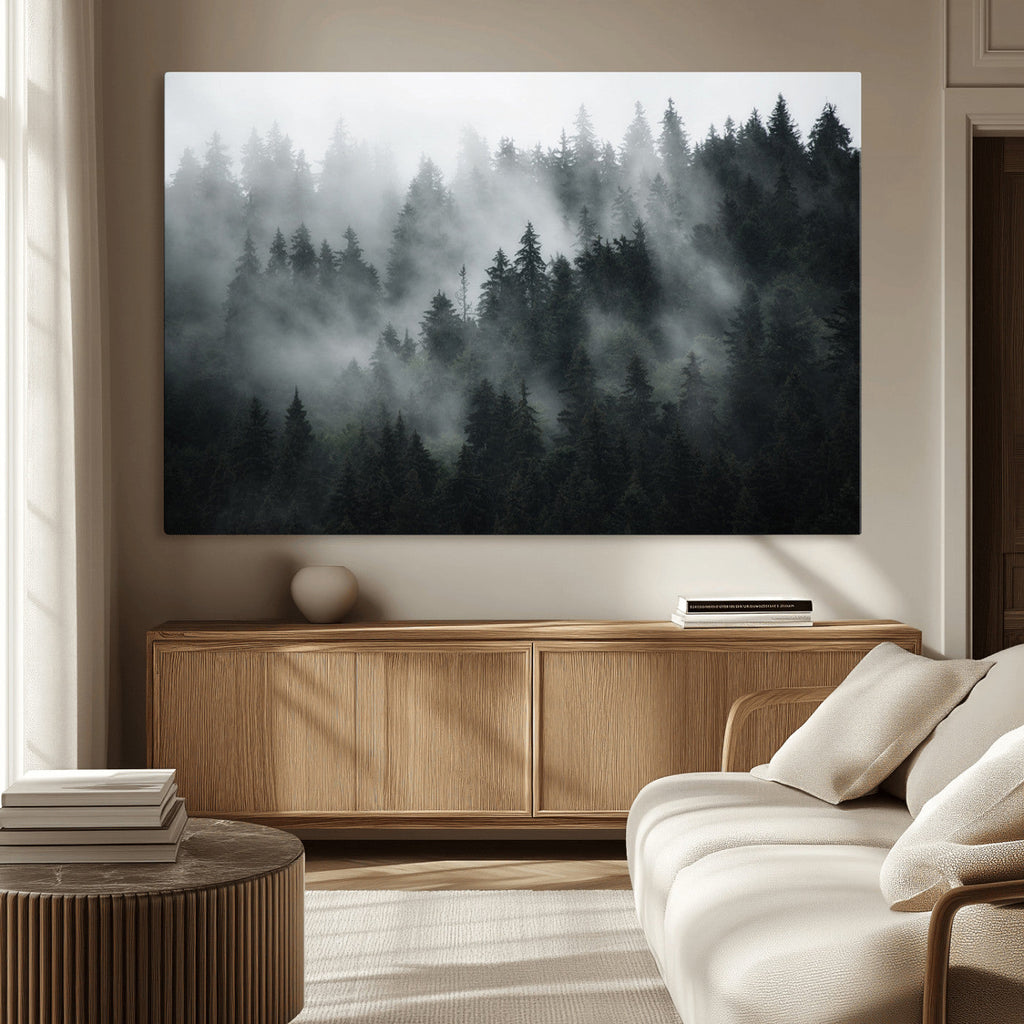 Foggy Forest Wall Art Canvas Print | 3 Panel Large Misty Landscape