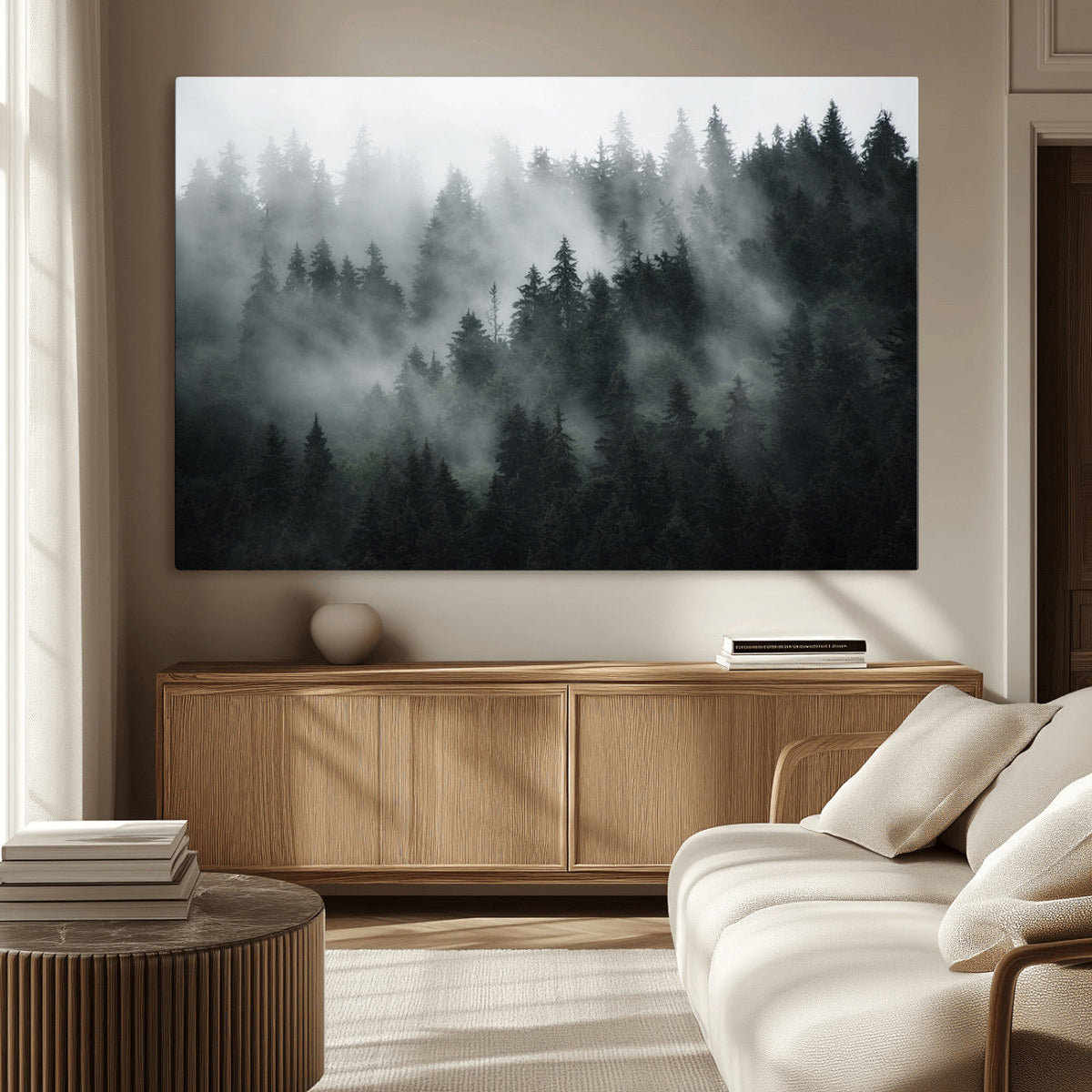 Foggy Forest Wall Art Canvas Print | 3 Panel Large Misty Landscape