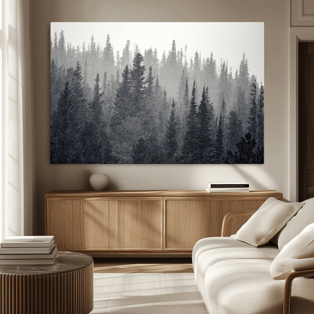 Misty Forest Canvas Wall Art | Monochrome Triptych Pine Tree Print