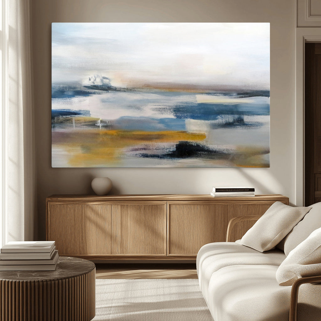Abstract Landscape Wall Art Canvas | 3 Panel Modern Blue, Gold and White Canvas Art