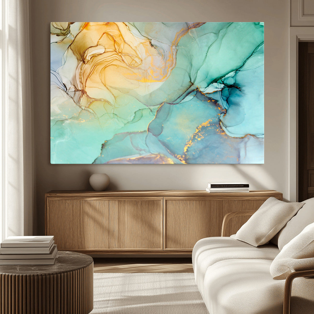Abstract Aqua and Gold Fluid Wall Art Canvas | 3 Panel Large Canvas Print