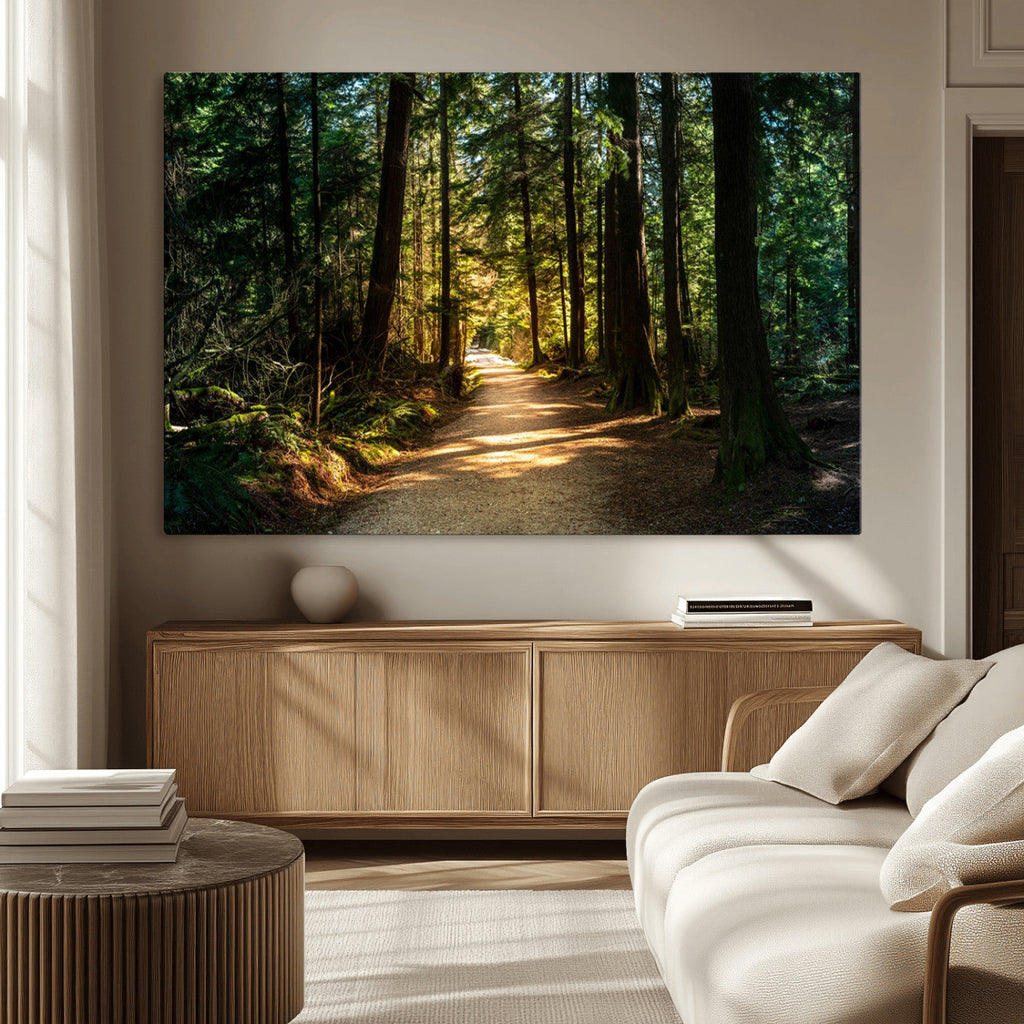 Sunlit Forest Pathway Canvas Print | 3 Panel Large Nature Wall Art