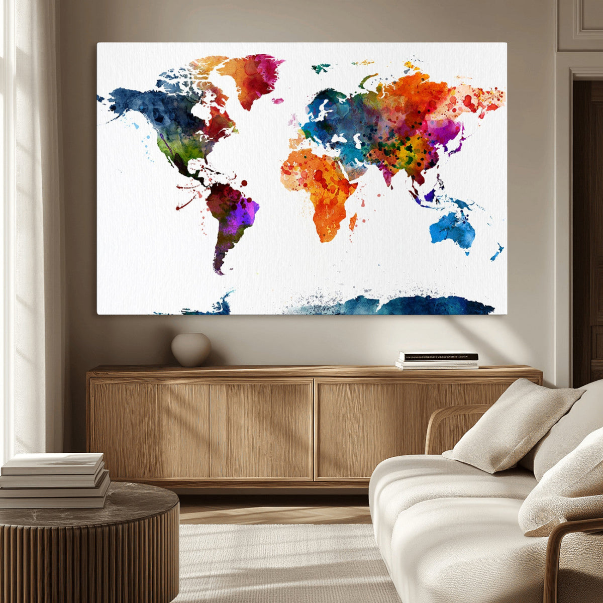 Bold Colorful World Map Canvas Print | Detailed Map of the World Wall Art