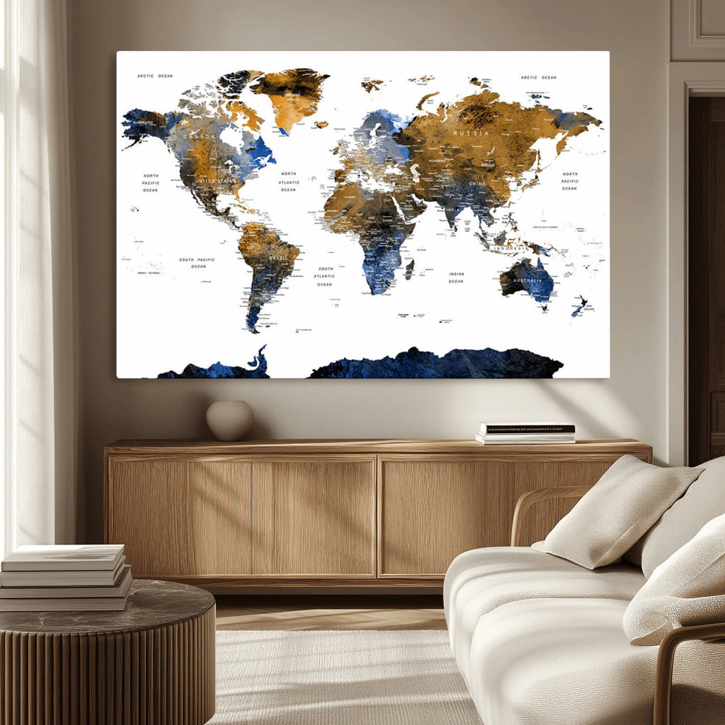 Modern Abstract World Map Canvas Wall Art | Framed Blue and Gold Map Print