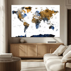 Modern Abstract World Map Canvas Wall Art | Framed Blue and Gold Map Print