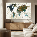 Vintage World Map Wall Art Canvas Print, Framed Rustic Earth Tone Map