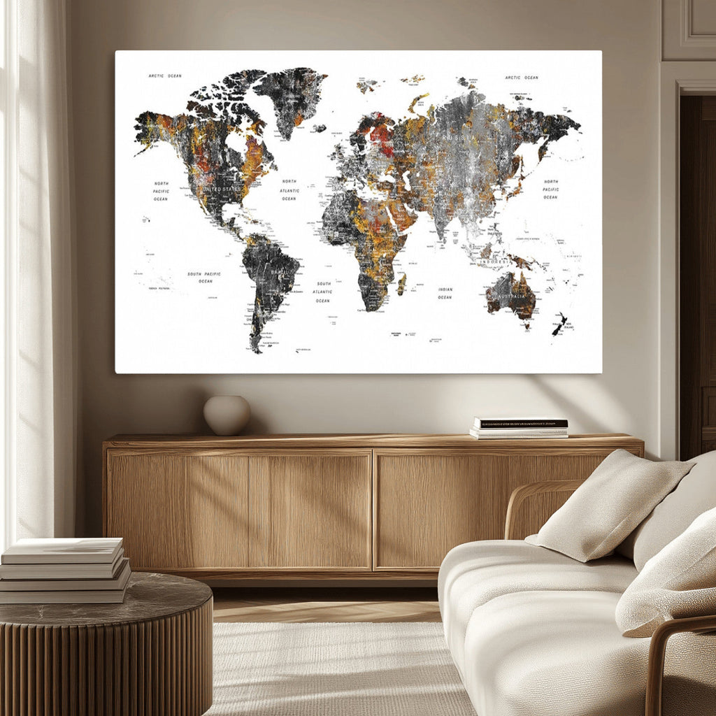 Modern Metallic World Map Canvas Wall Art | Framed Contemporary World Map Print